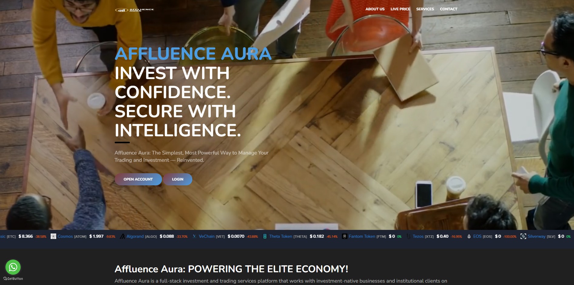AffluenceAura fake investment platform homepage showing crypto tickers and investment pitch